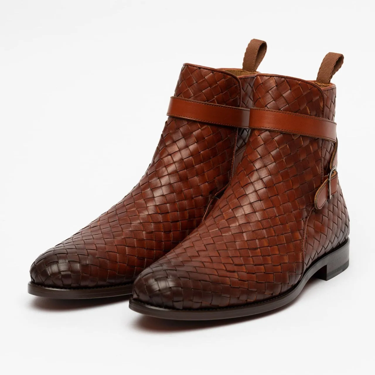 Handmade Brown Woven Chitai Mat Leather Ankle Boots