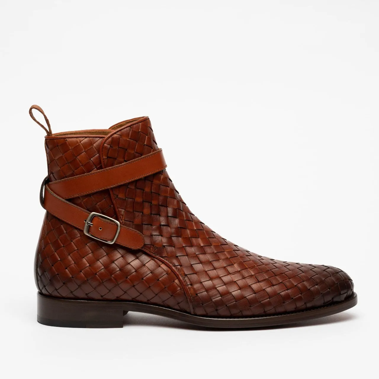 Handmade Brown Woven Chitai Mat Leather Ankle Boots