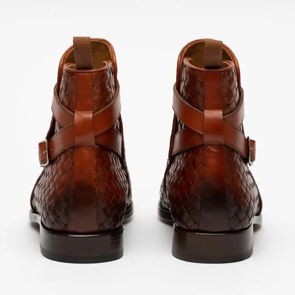 Handmade Brown Woven Chitai Mat Leather Ankle Boots