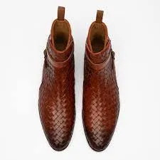 Handmade Brown Woven Chitai Mat Leather Ankle Boots
