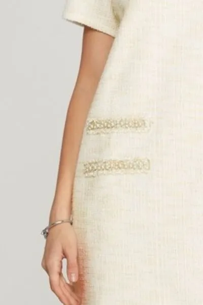 Hazel Blues® | She   Sky Short Sleeve Pearl Studded Trim Knit Tweed Dress