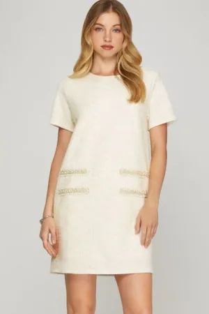 Hazel Blues® | She   Sky Short Sleeve Pearl Studded Trim Knit Tweed Dress