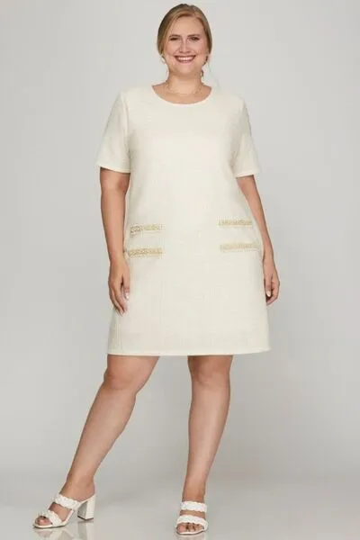 Hazel Blues® | She   Sky Short Sleeve Pearl Studded Trim Knit Tweed Dress