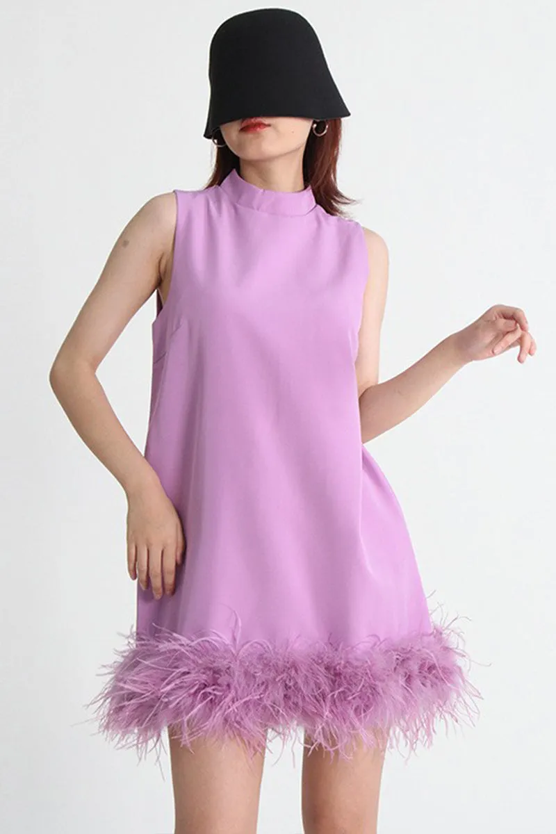 HBT1248 Round Neck Sleeveless Feather Edge A-Line Dress