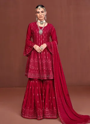 Hot Pink Sequence Embroidered Anarkali Sharara Suit