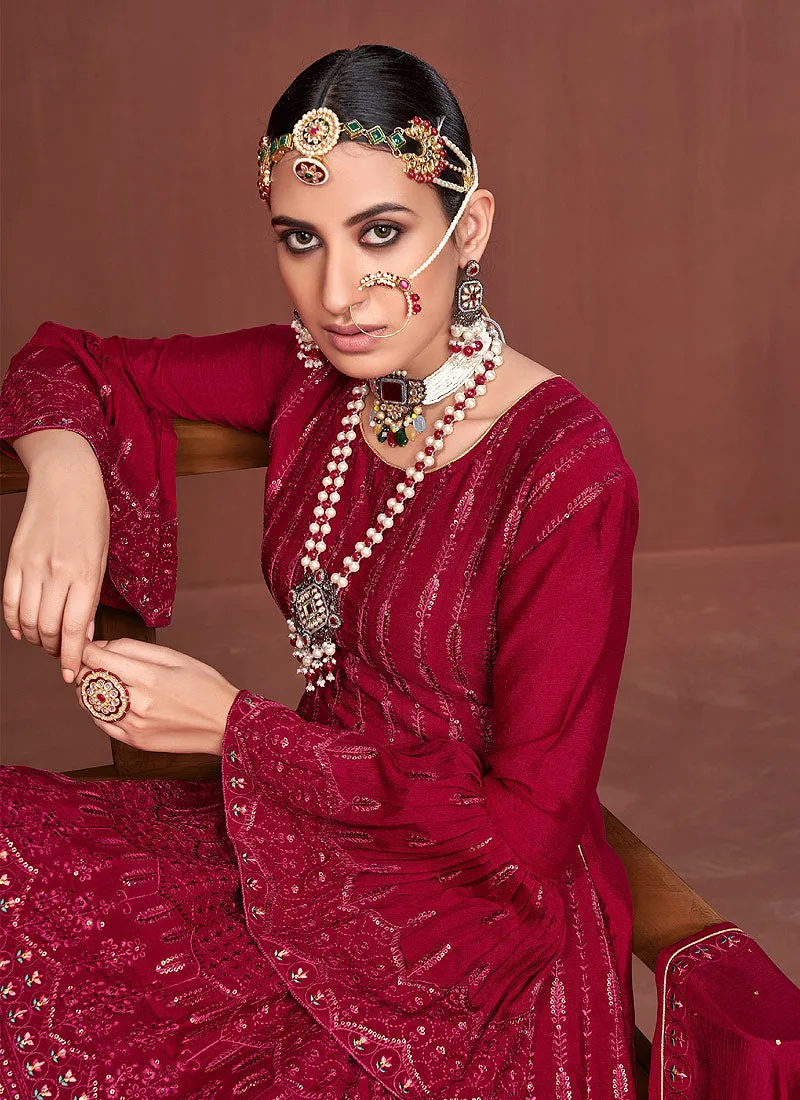 Hot Pink Sequence Embroidered Anarkali Sharara Suit