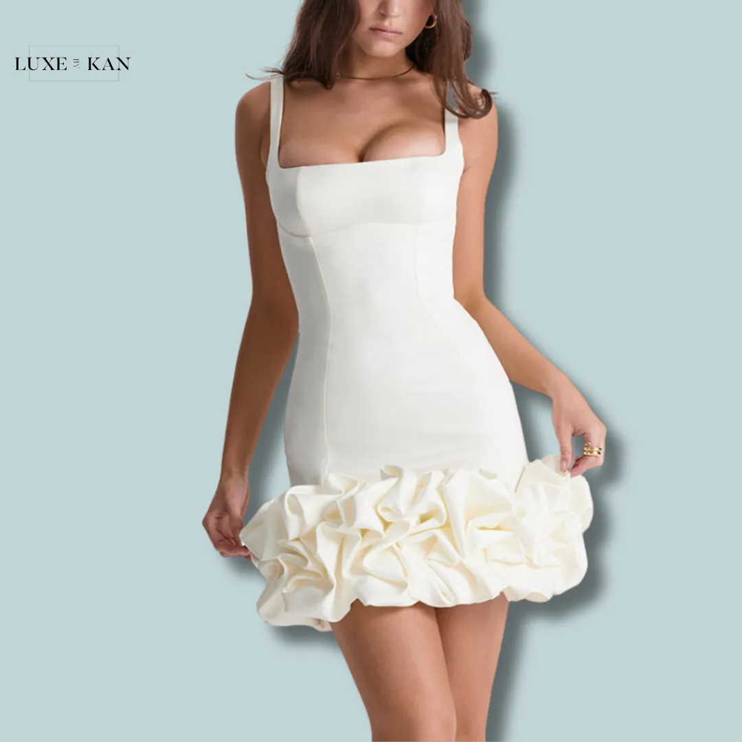 House of CB LILOU 
IVORY RUFFLE HEM DRES