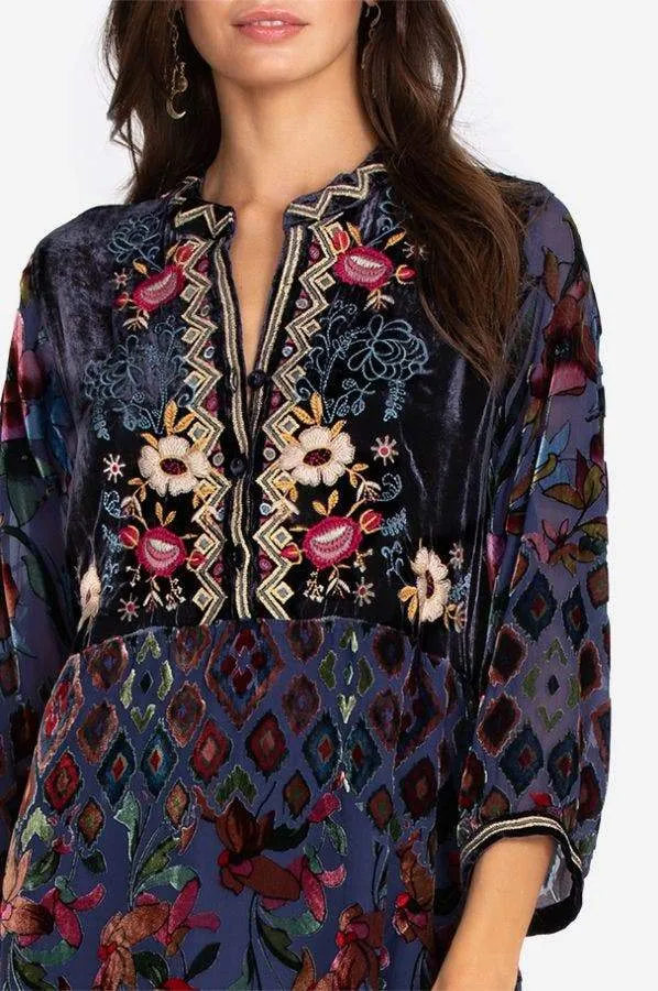 Johnny Was Clara Gweneth Burnout Tunic Dress Embroidered Blue Floral XXL New