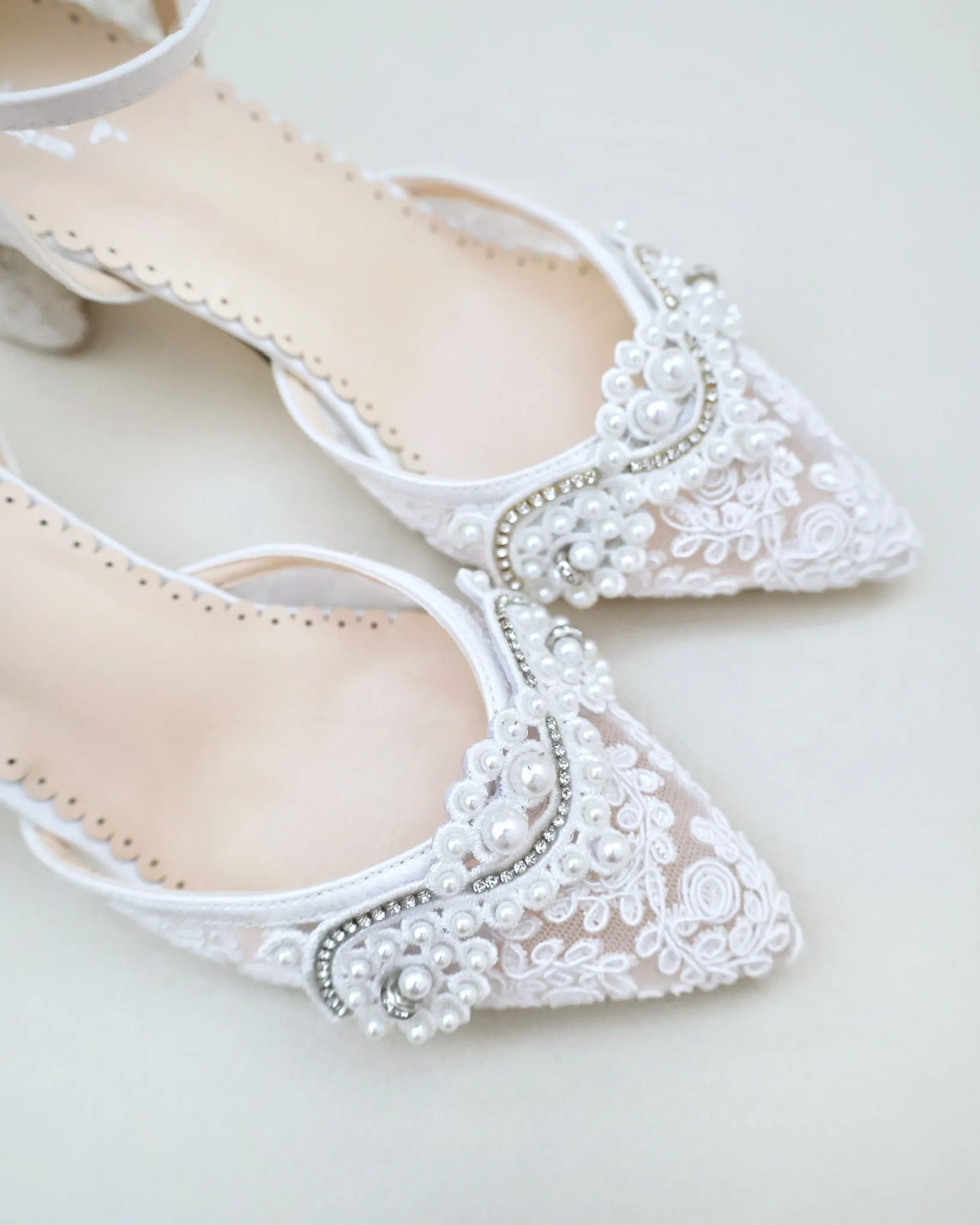Lace Block Heel Pearl Ankle Wrap For Brides
