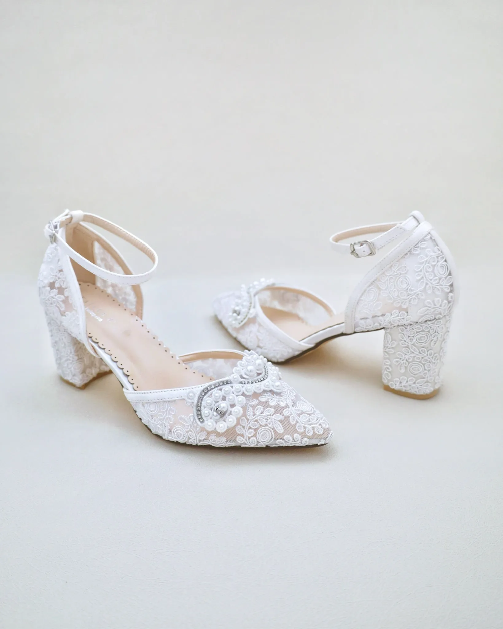 Lace Block Heel Pearl Ankle Wrap For Brides