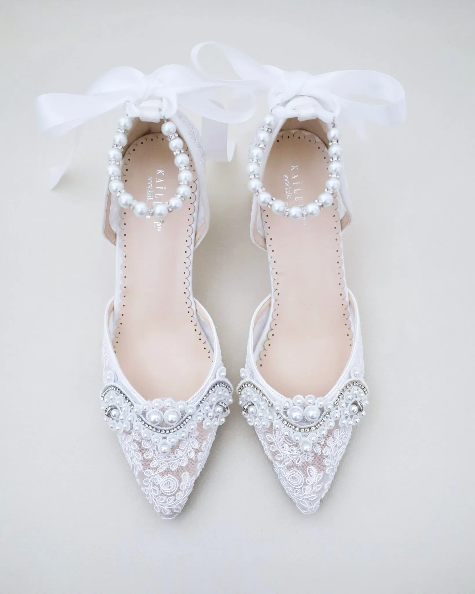 Lace Block Heel Pearl Ankle Wrap For Brides