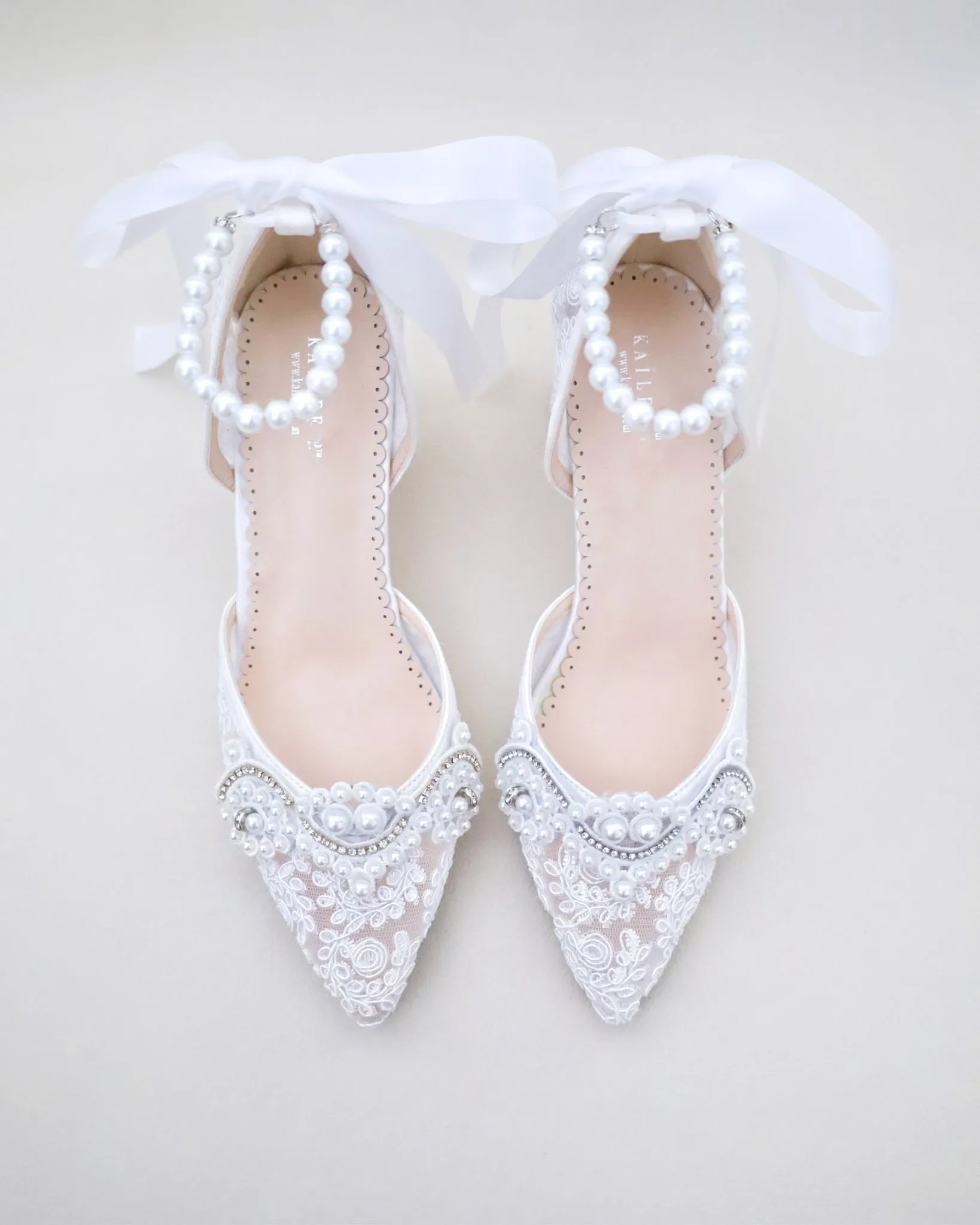 Lace Block Heel Pearl Ankle Wrap For Brides