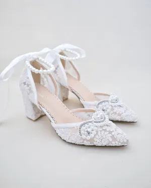 Lace Block Heel Pearl Ankle Wrap For Brides