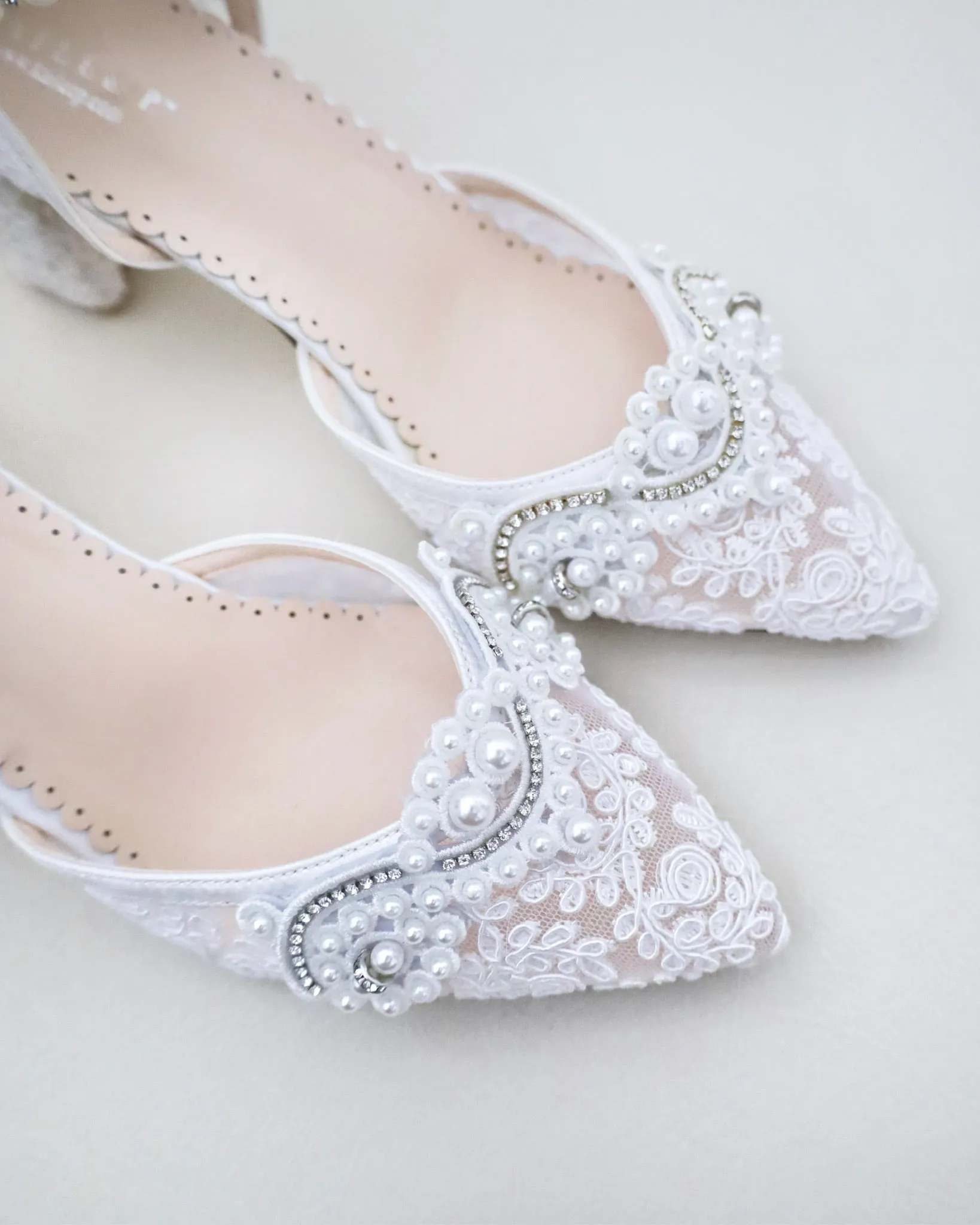 Lace Block Heel Pearl Ankle Wrap For Brides