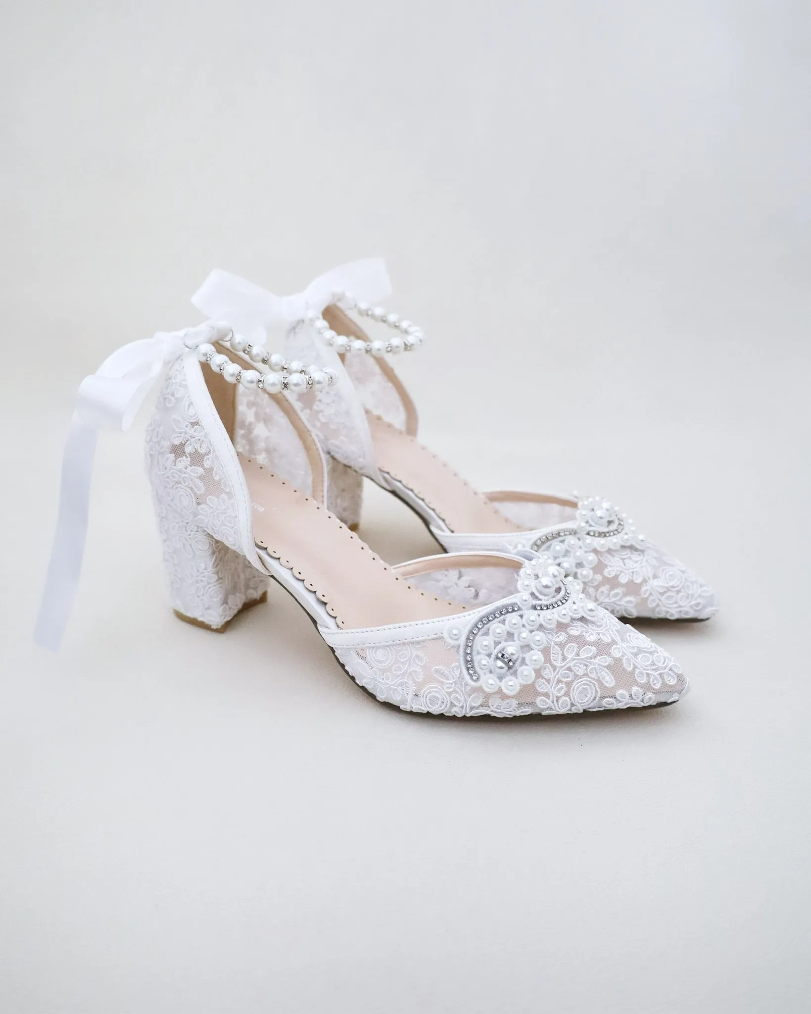 Lace Block Heel Pearl Ankle Wrap For Brides
