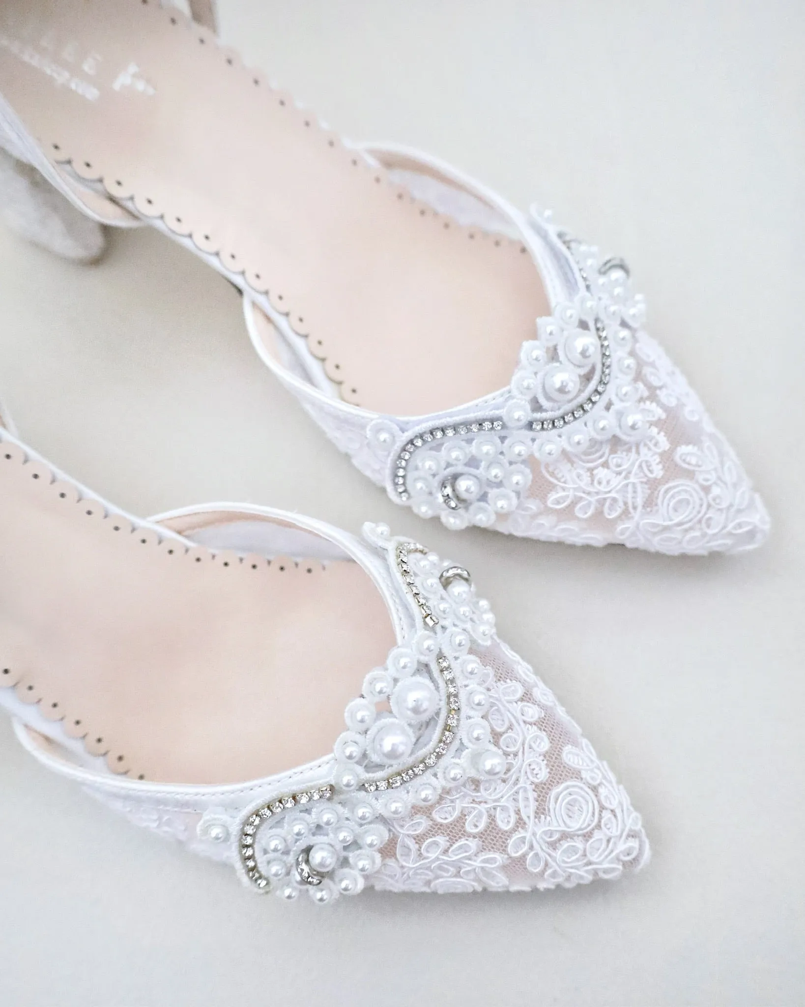 Lace Block Heel Pearl Ankle Wrap For Brides