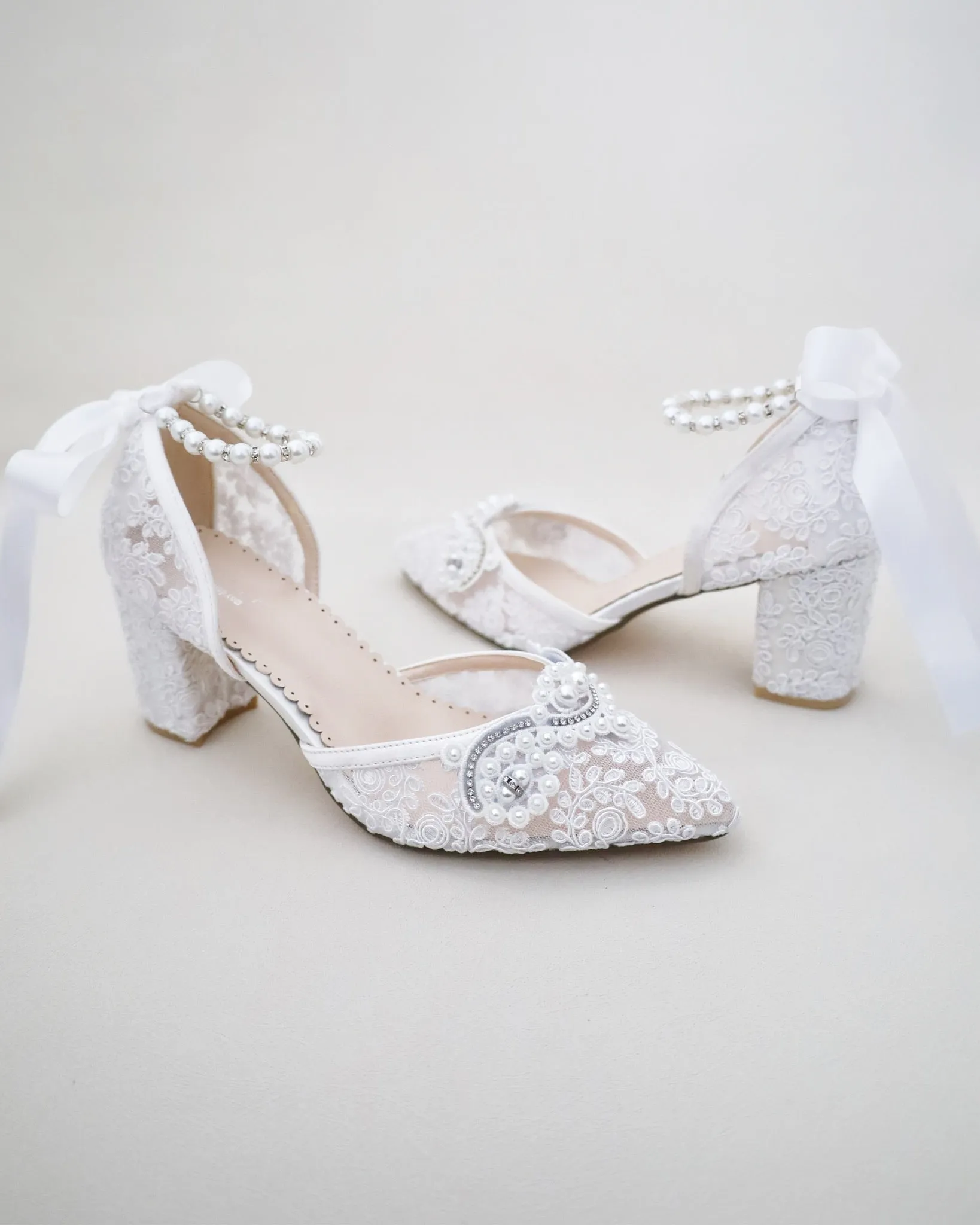 Lace Block Heel Pearl Ankle Wrap For Brides