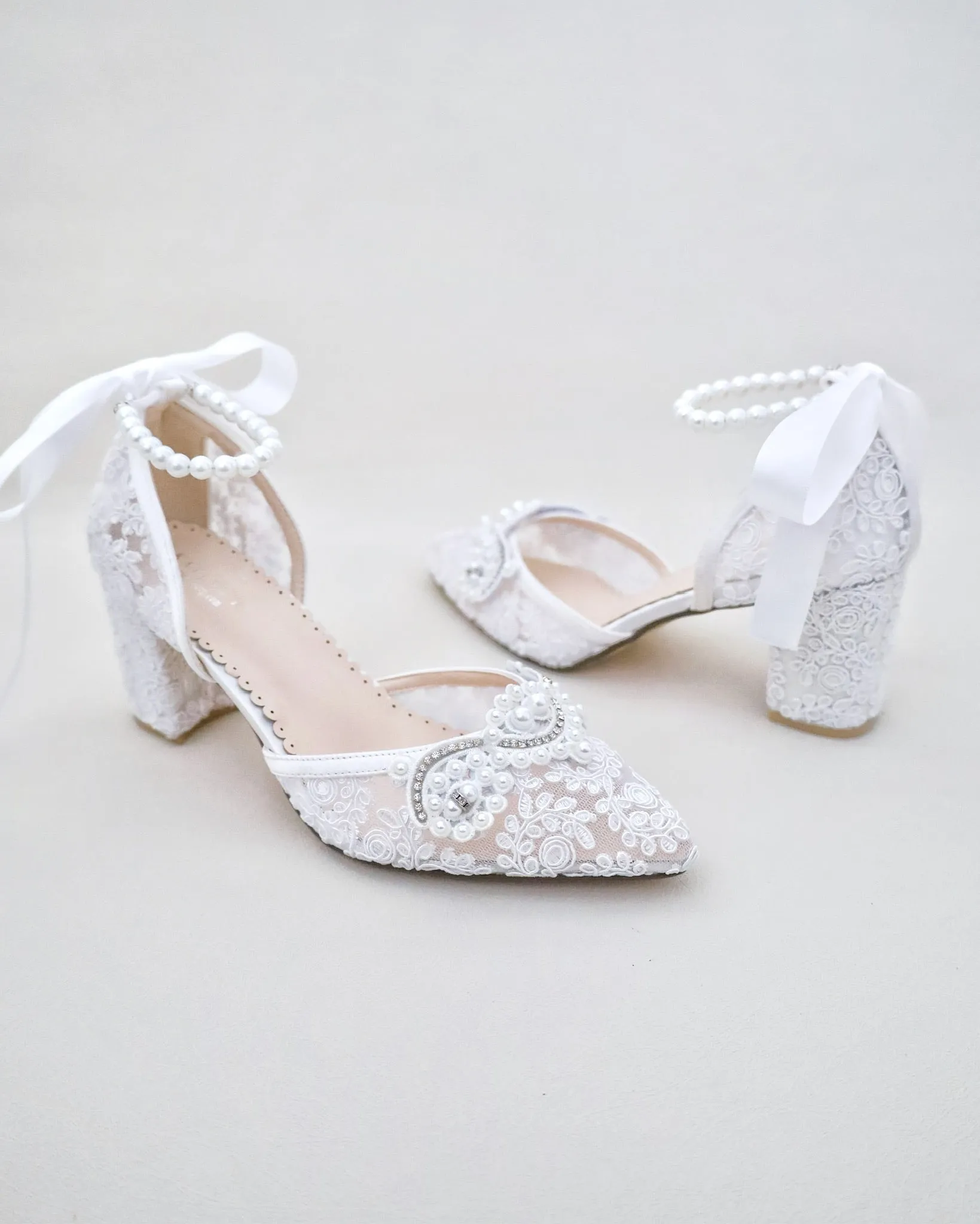 Lace Block Heel Pearl Ankle Wrap For Brides