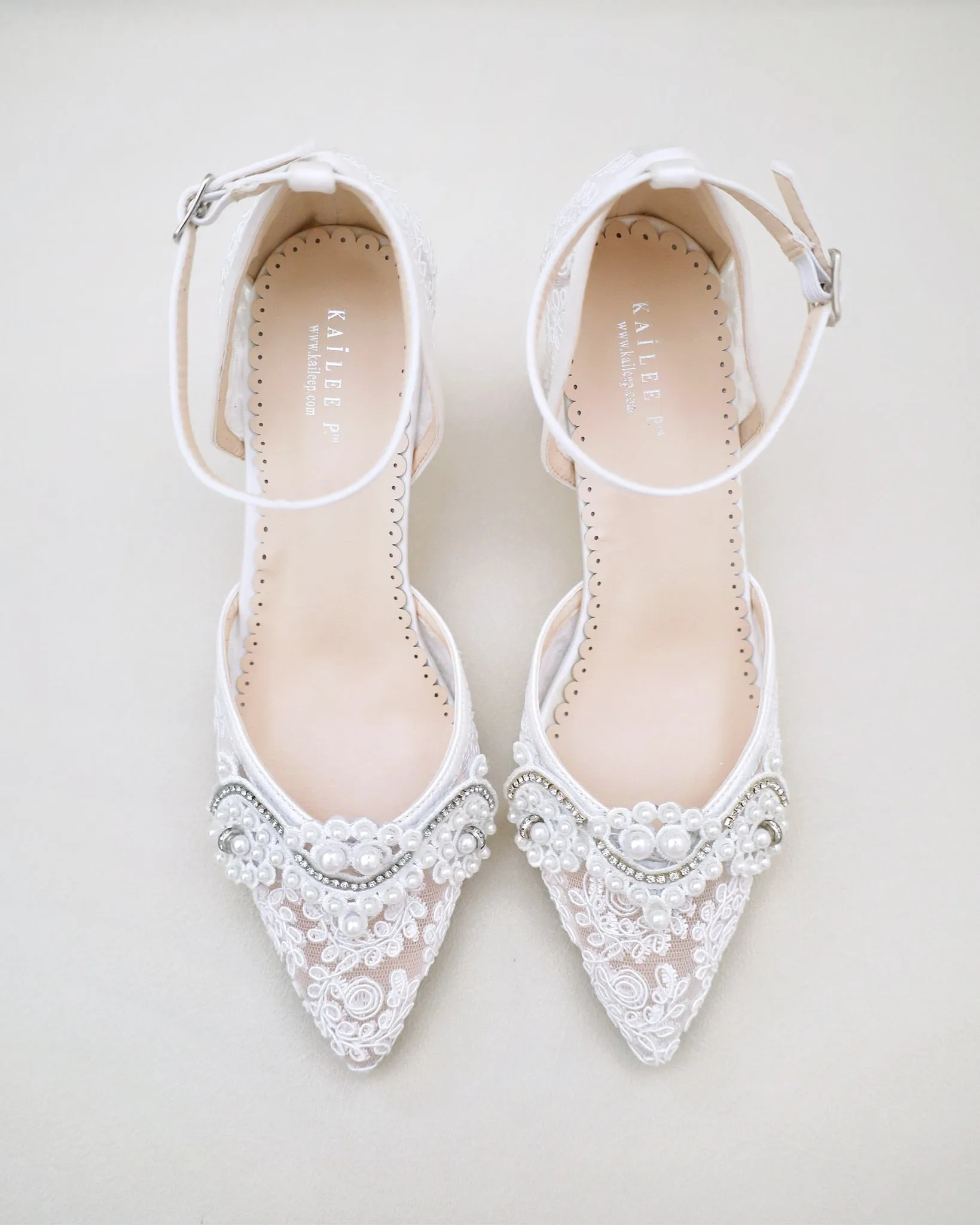 Lace Block Heel Pearl Ankle Wrap For Brides