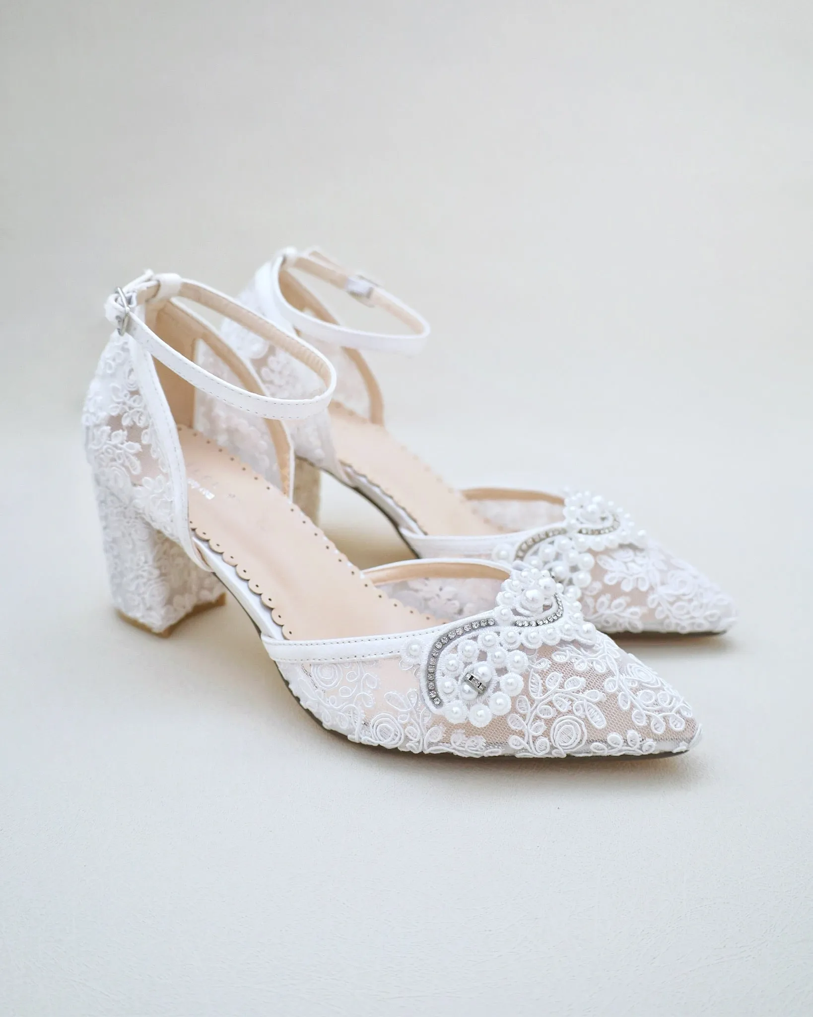 Lace Block Heel Pearl Ankle Wrap For Brides