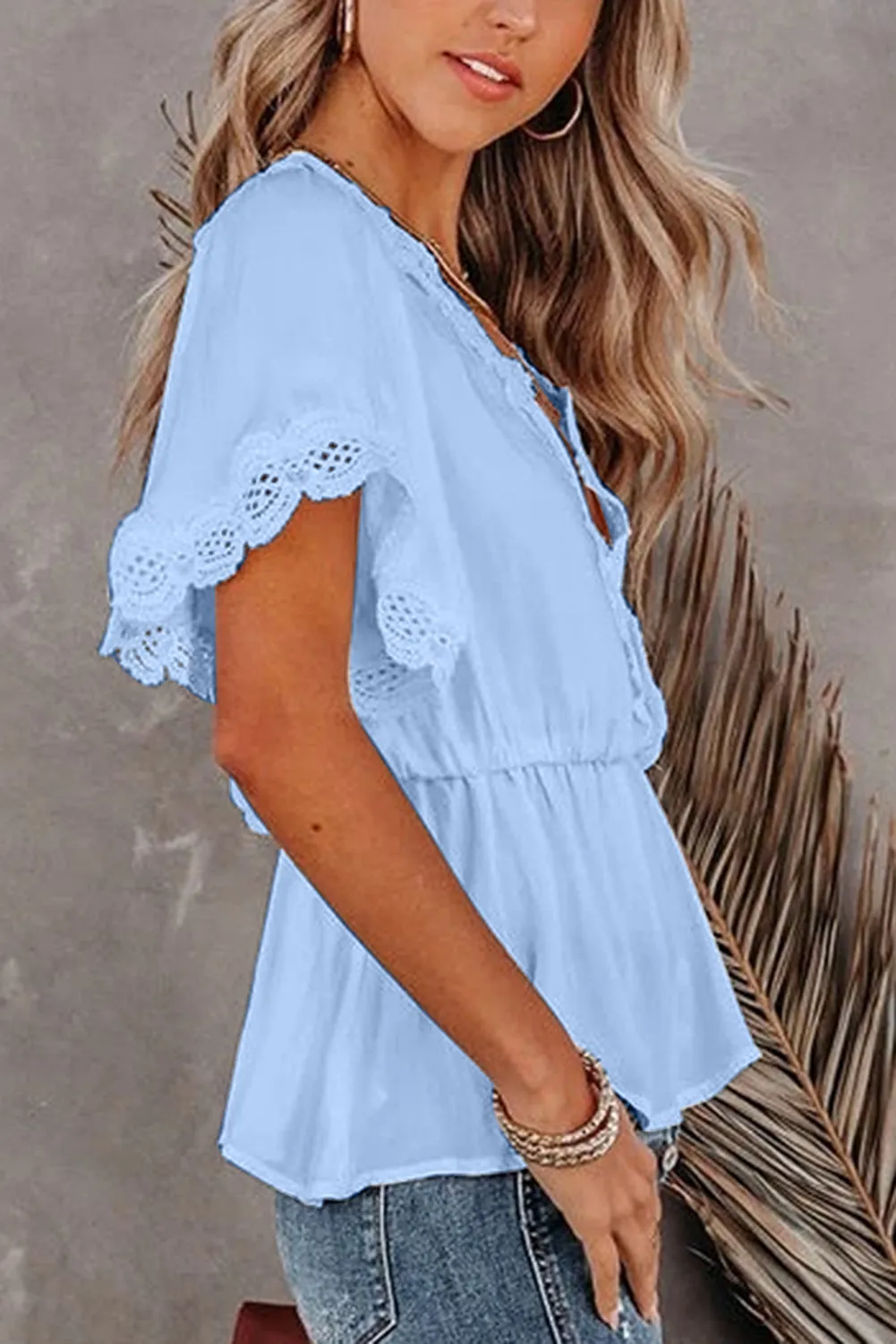 Lace Splicing V Neck Short Sleeve Blouse