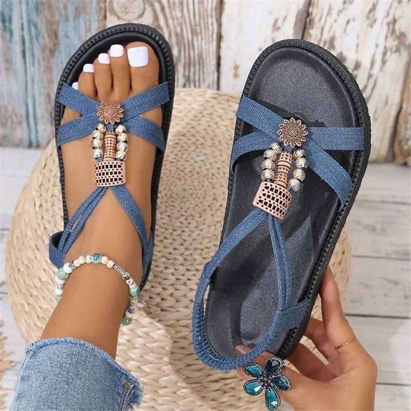 Ladies Trendy Ethnic Style Metal Beads Trim Sandals