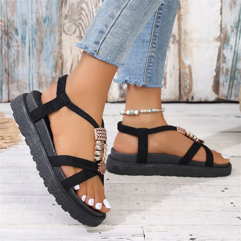 Ladies Trendy Ethnic Style Metal Beads Trim Sandals