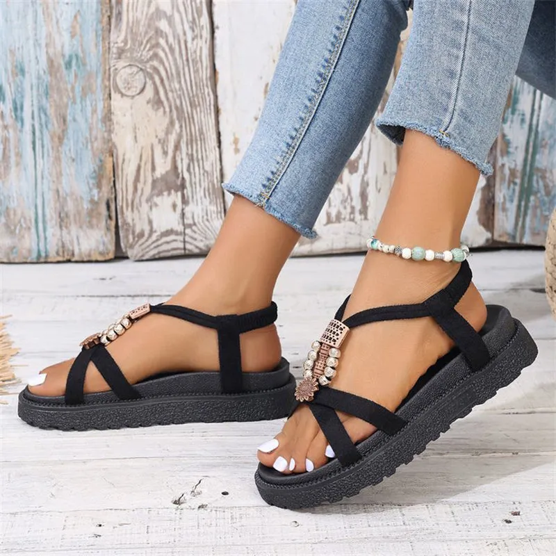 Ladies Trendy Ethnic Style Metal Beads Trim Sandals