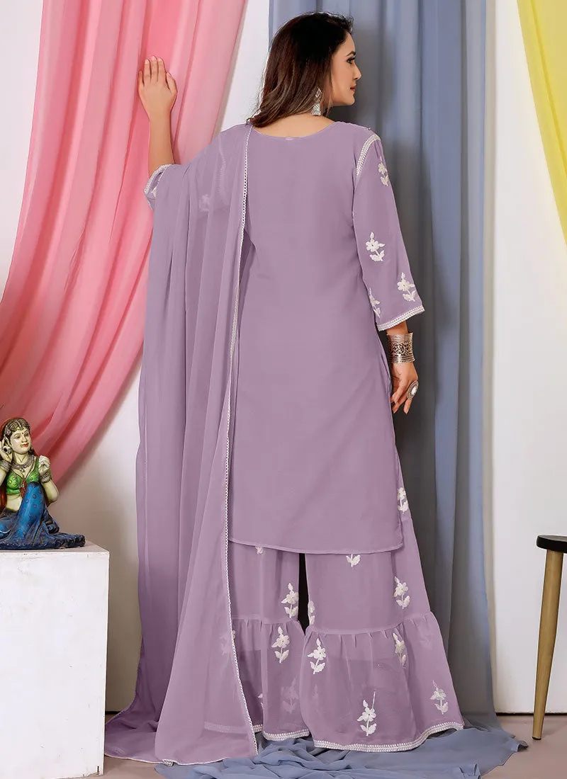 Lavender Lucknowi Thread Embroidery Palazzo Suit
