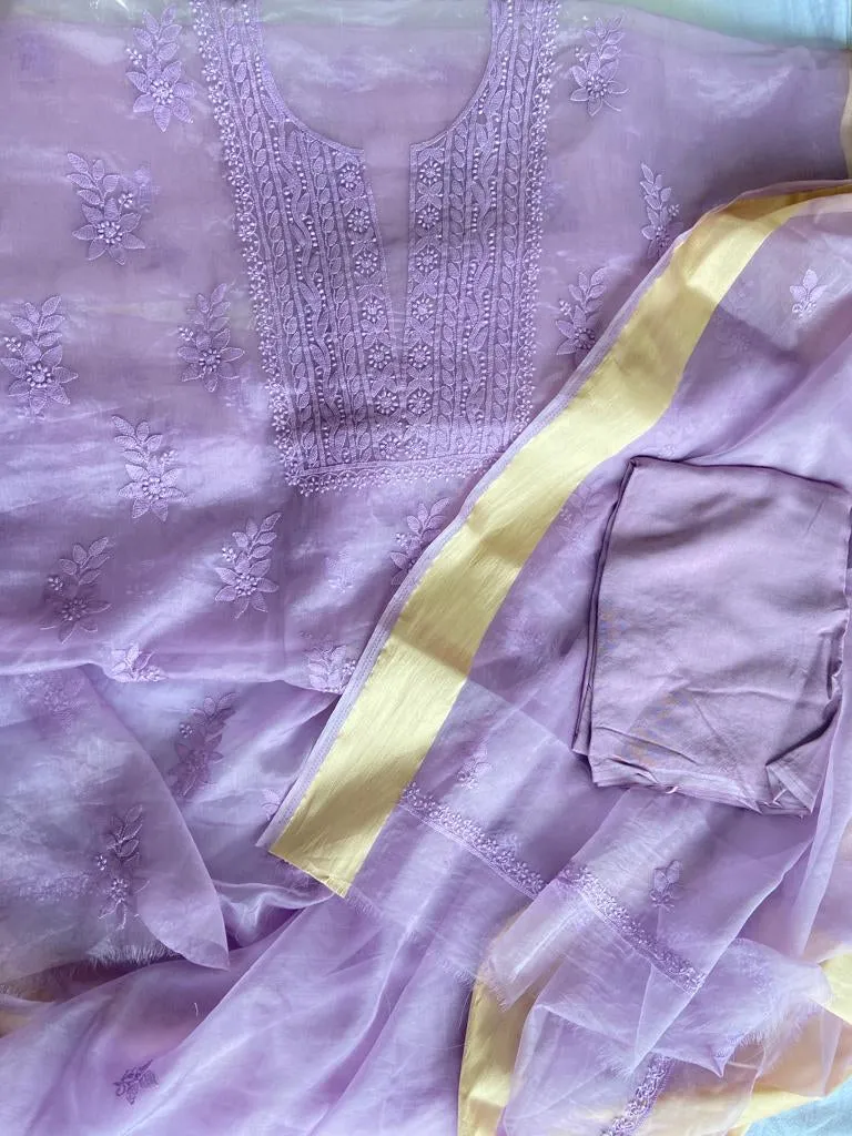 Lavender Purple Chikan work Organza Salwar Suit fabric
