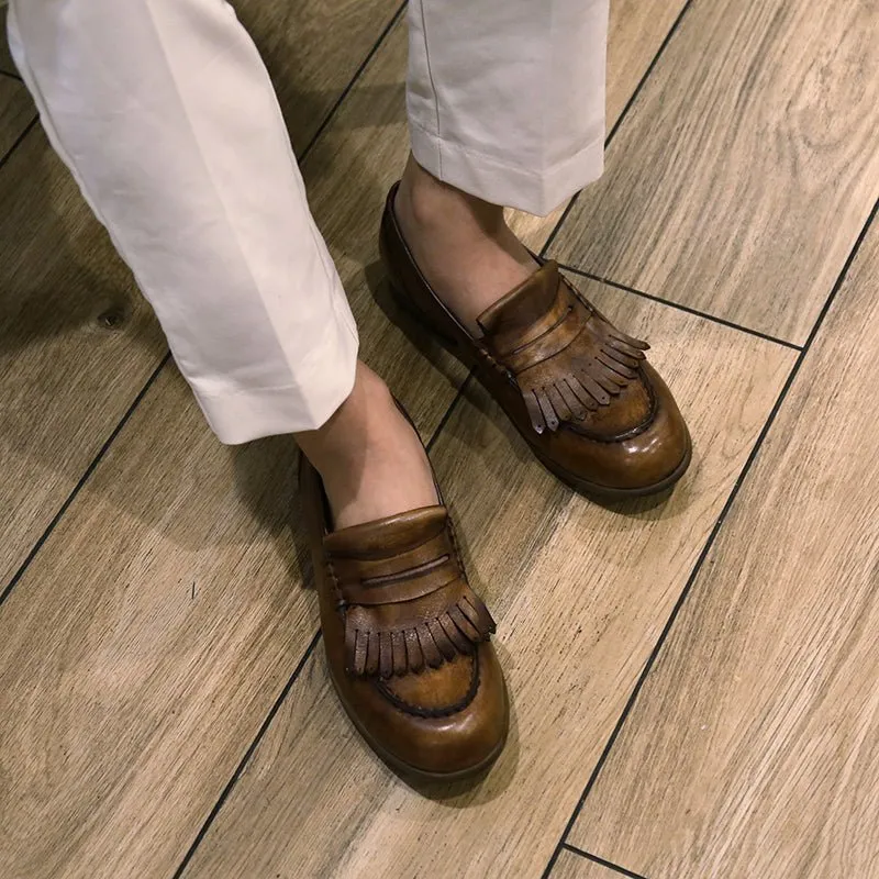 Leather retro tassel casual leather shoes handmade loafers
