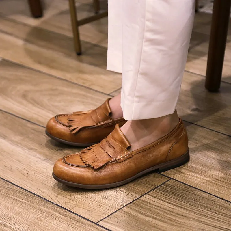 Leather retro tassel casual leather shoes handmade loafers