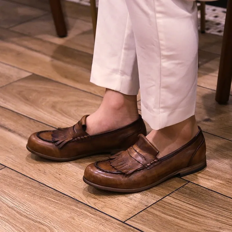 Leather retro tassel casual leather shoes handmade loafers