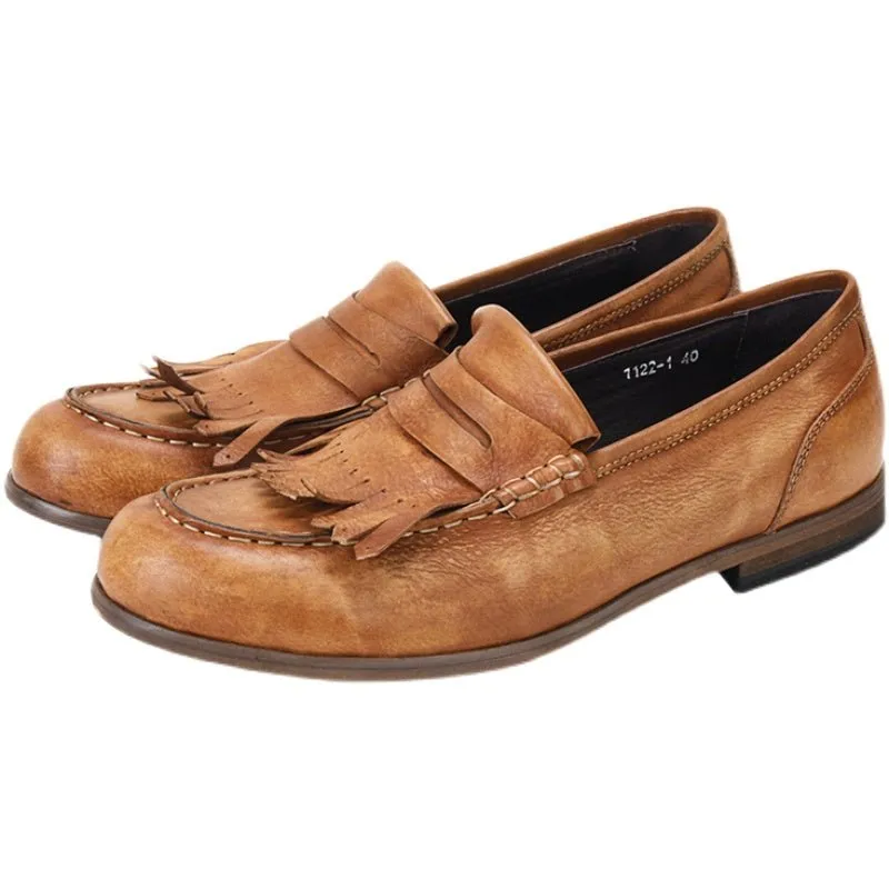 Leather retro tassel casual leather shoes handmade loafers