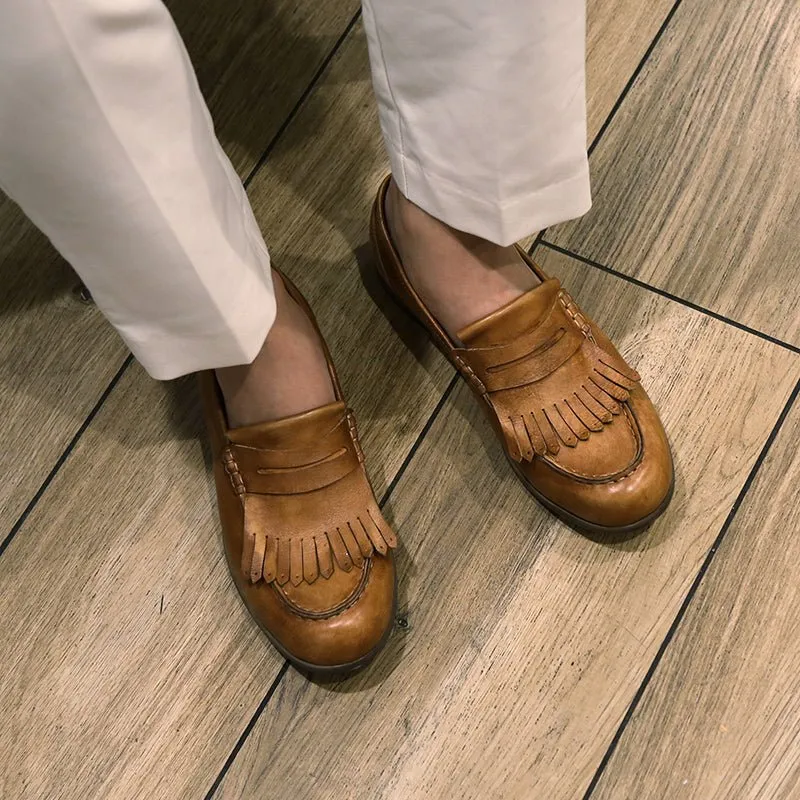 Leather retro tassel casual leather shoes handmade loafers