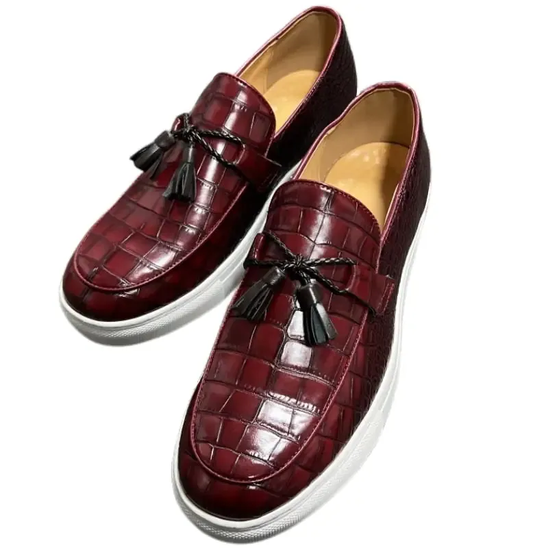Leather Tassel Loafers with Crocodile Pattern