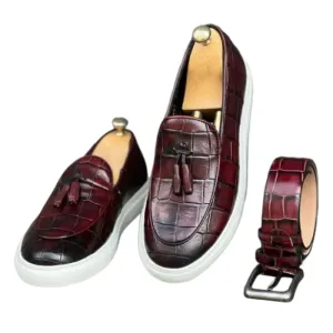 Leather Tassel Loafers with Crocodile Pattern