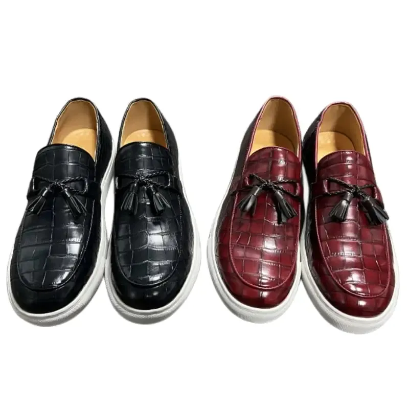 Leather Tassel Loafers with Crocodile Pattern
