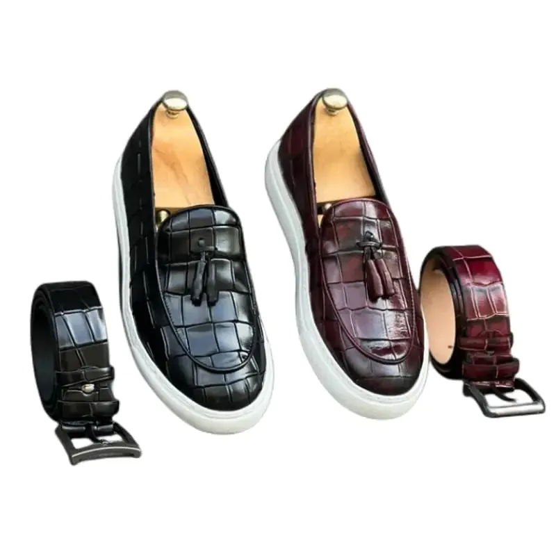 Leather Tassel Loafers with Crocodile Pattern