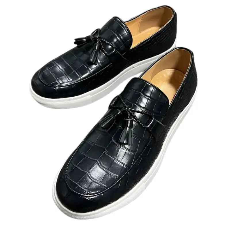 Leather Tassel Loafers with Crocodile Pattern