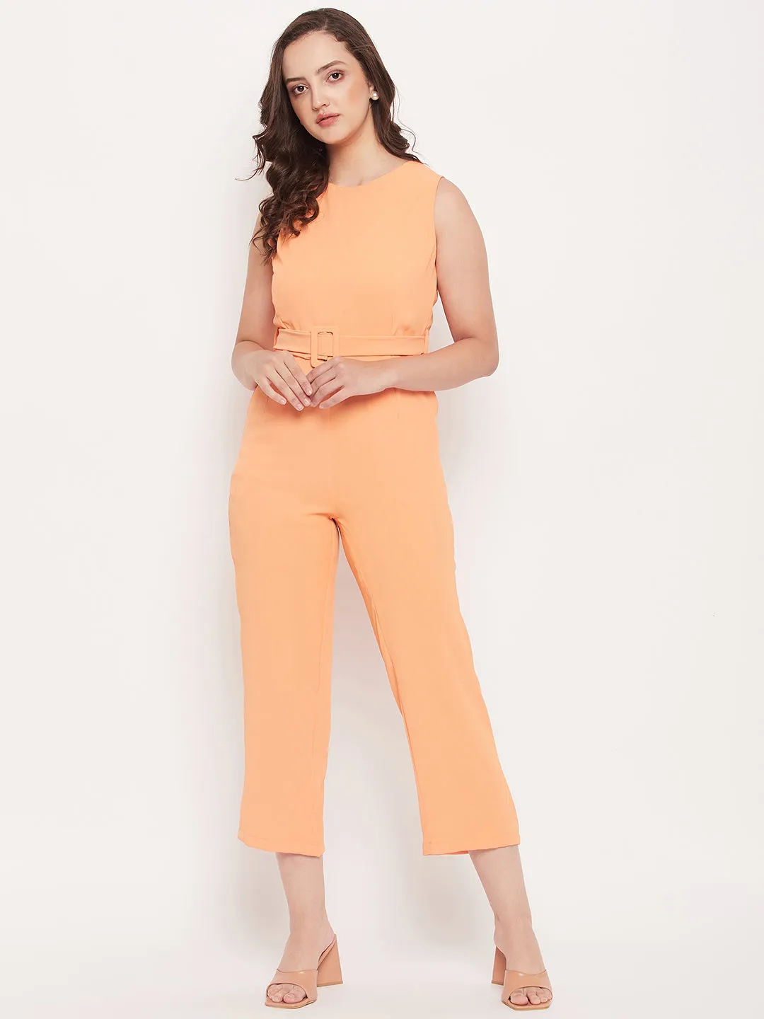 Madame Orange Boat Neckline Sleeveless Crop Jumpsuit