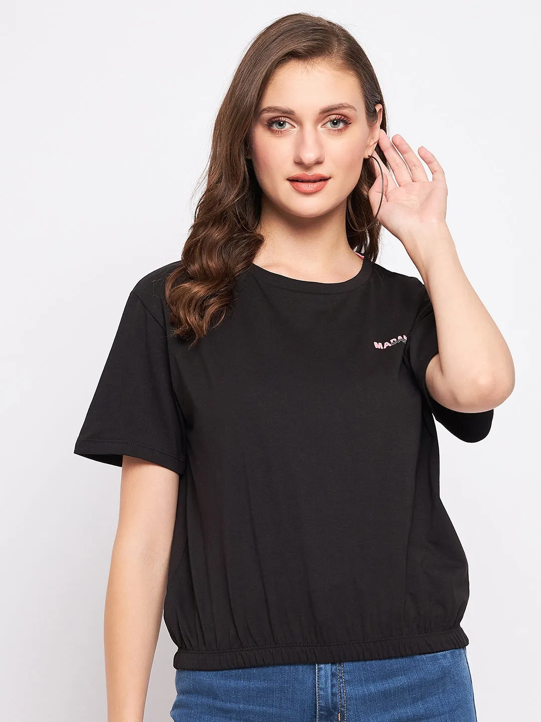 Madame Solid Black Elasticated Waist Top