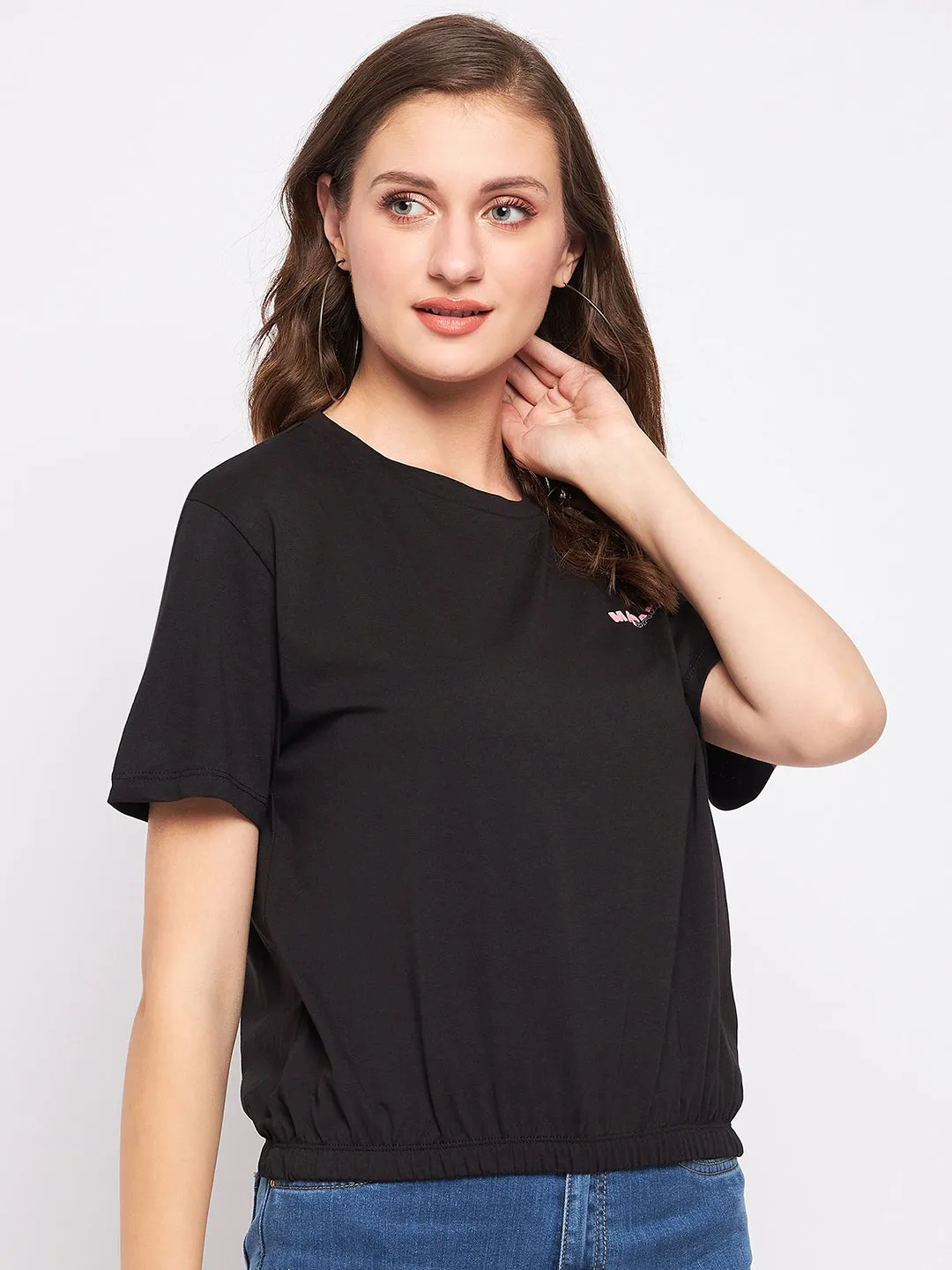 Madame Solid Black Elasticated Waist Top
