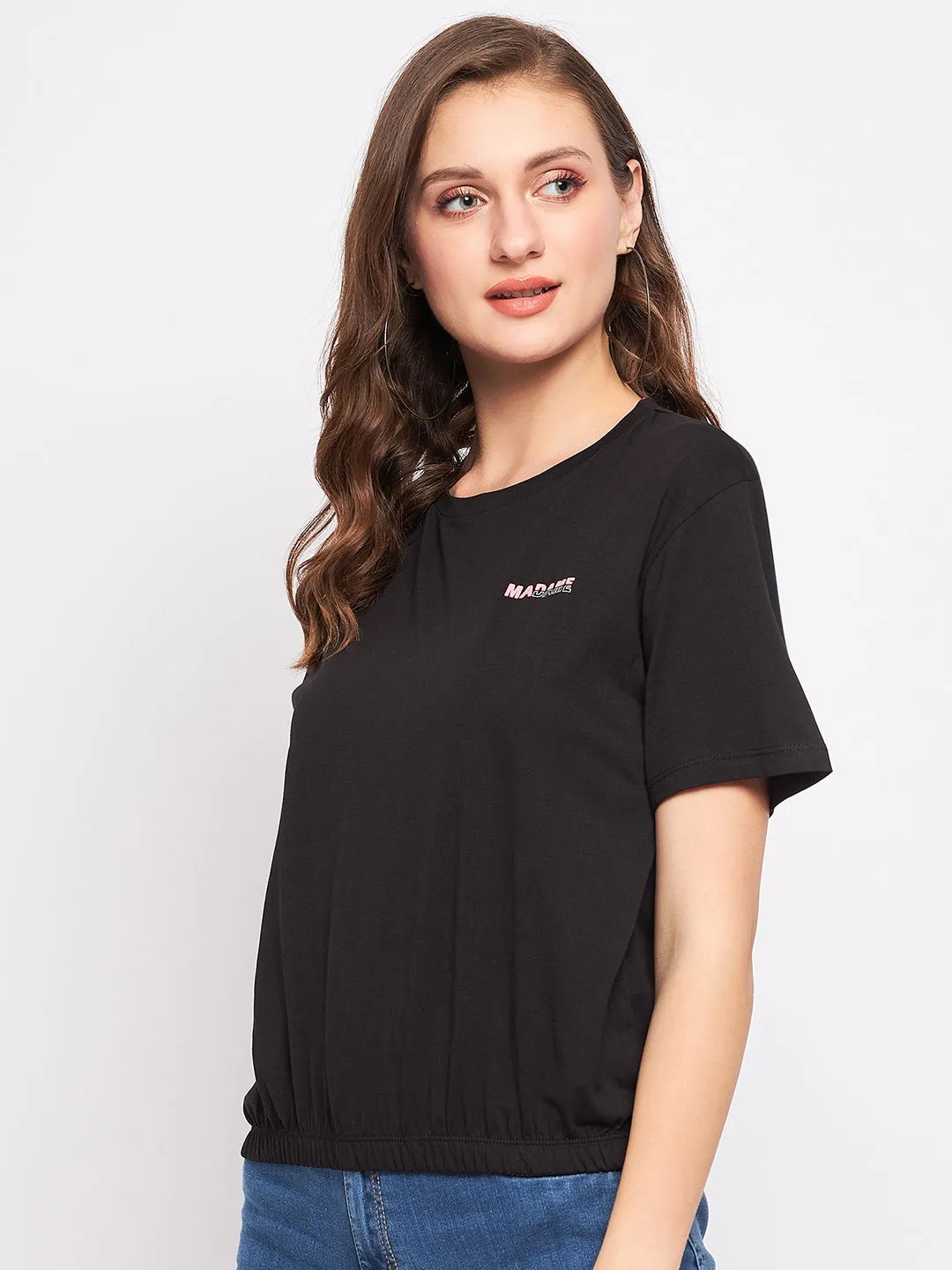 Madame Solid Black Elasticated Waist Top