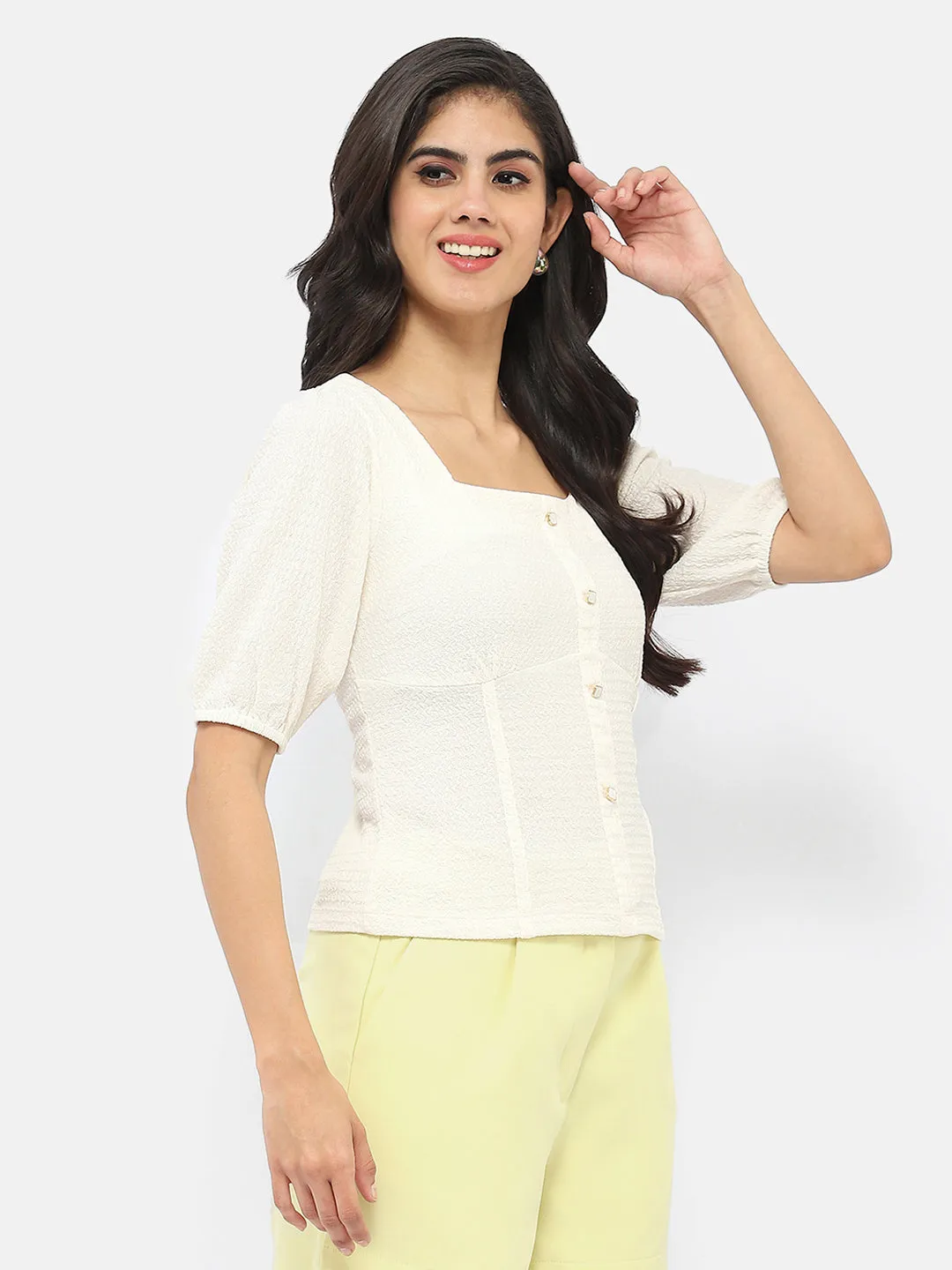 Madame Square Neck Off-White Crinkled Top