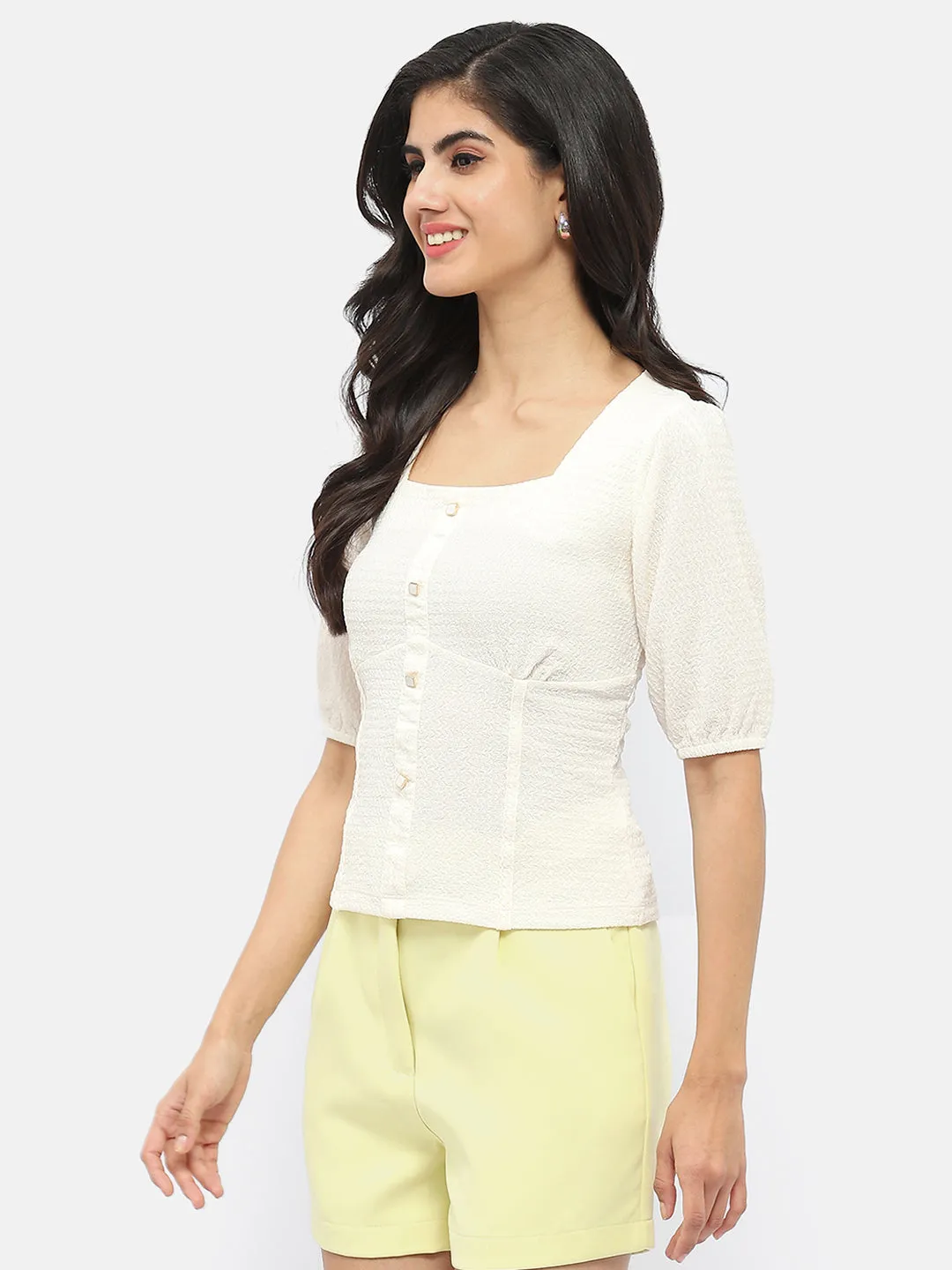 Madame Square Neck Off-White Crinkled Top