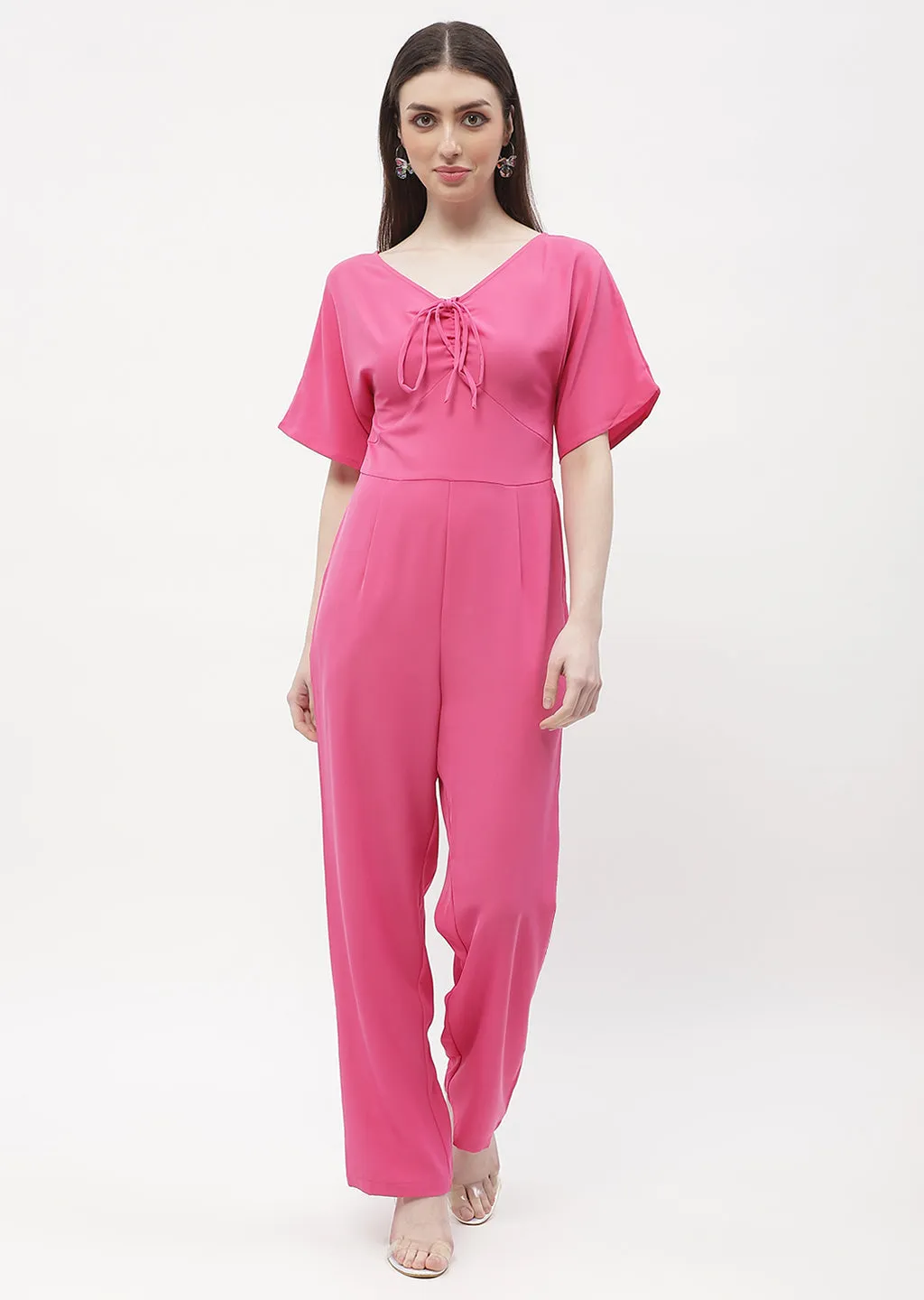 Madame Tie-Up Neck Hot Pink Trumpet Sleeve Jumpsuit