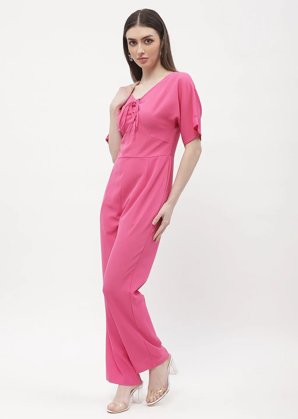 Madame Tie-Up Neck Hot Pink Trumpet Sleeve Jumpsuit