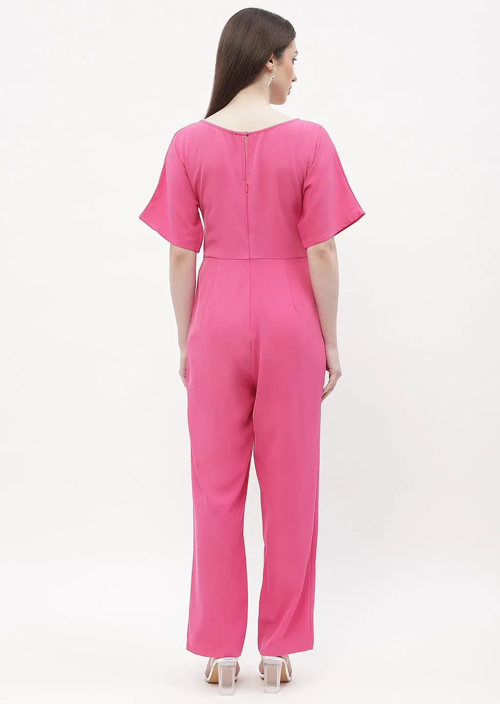 Madame Tie-Up Neck Hot Pink Trumpet Sleeve Jumpsuit