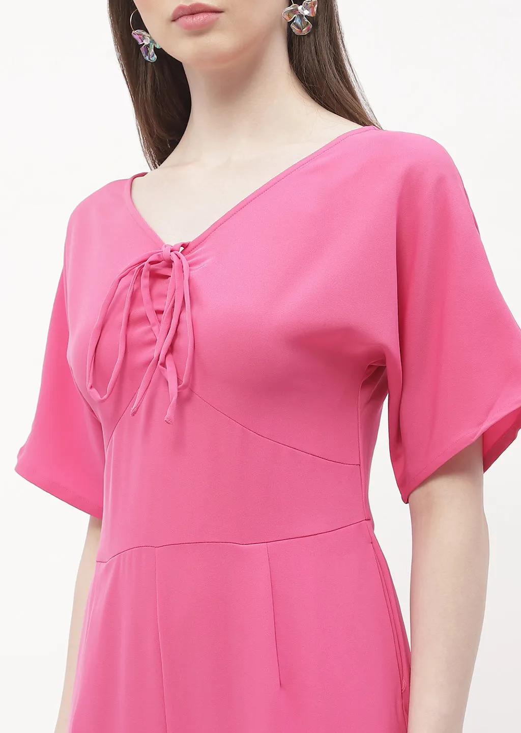 Madame Tie-Up Neck Hot Pink Trumpet Sleeve Jumpsuit